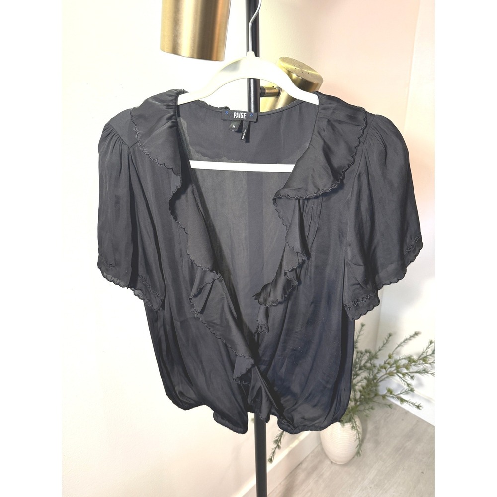 Paige silky top MED black eyelet ruffle vneck french style parisian cooling‎ euc